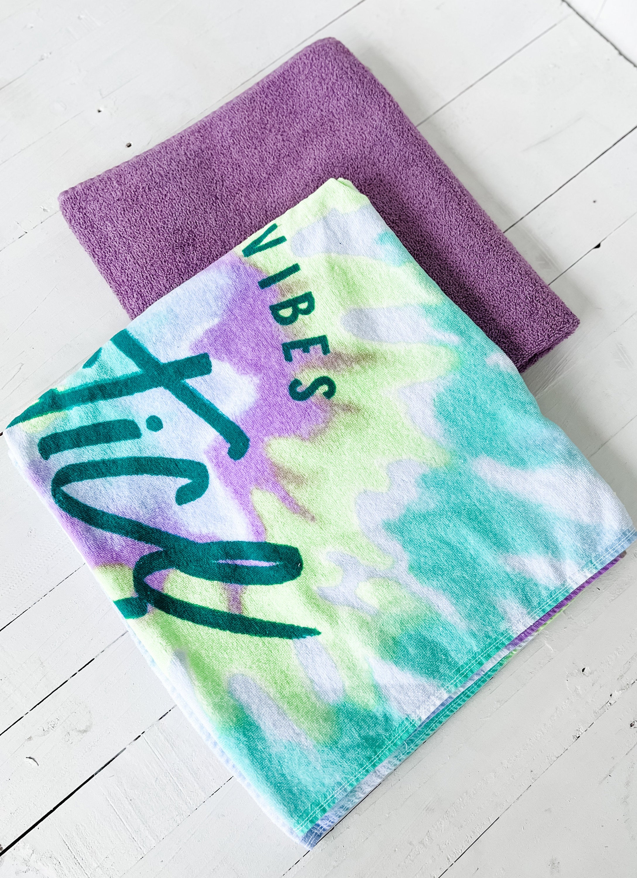 Green and Purple Worded Tie Dye Towel Pants