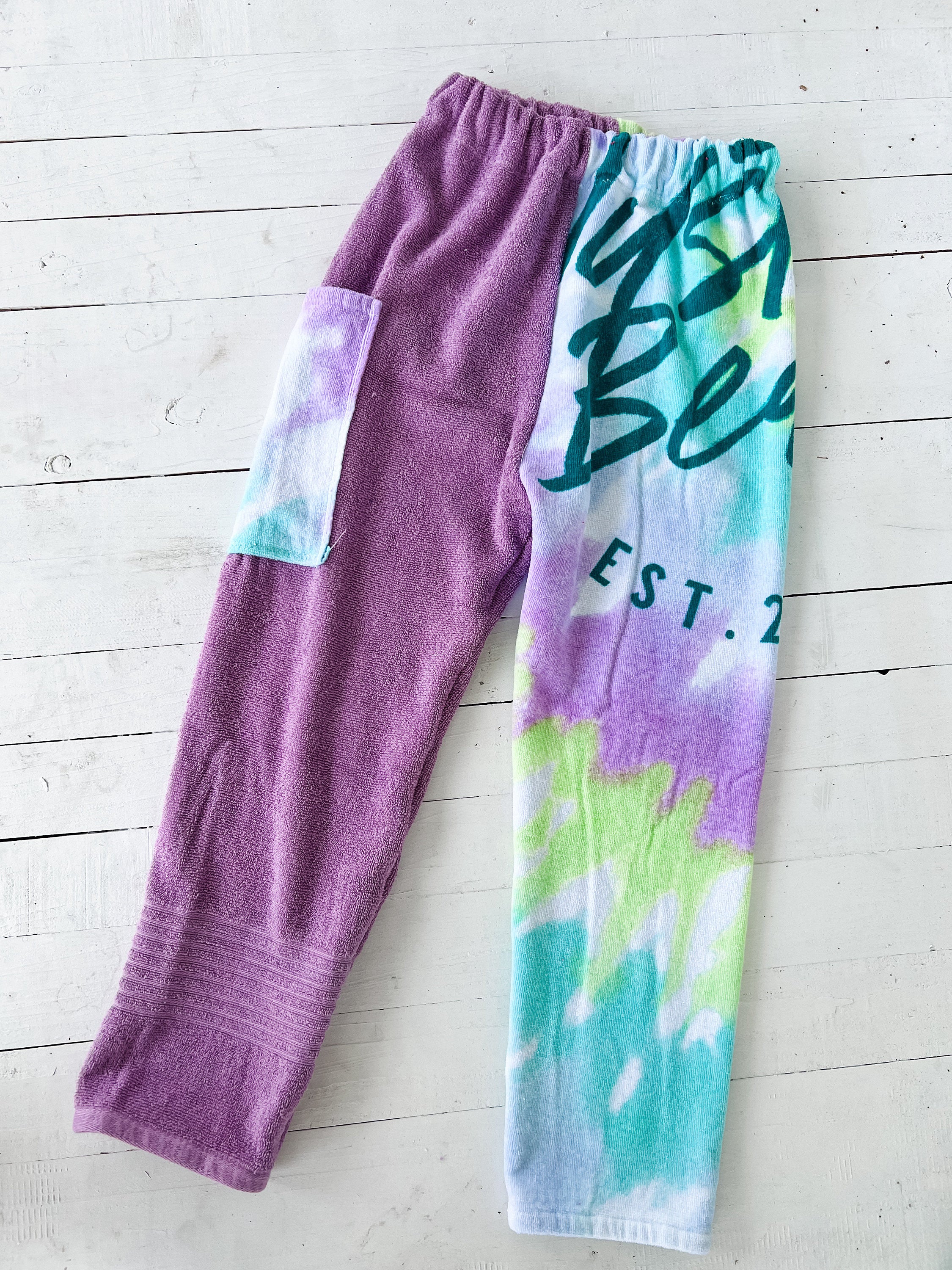 Green and Purple Worded Tie Dye Towel Pants